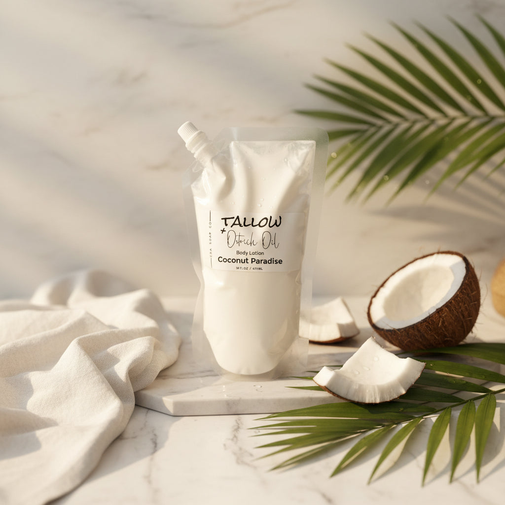 White pouch labeled 'Tallow' with coconut and palm leaves on a light background