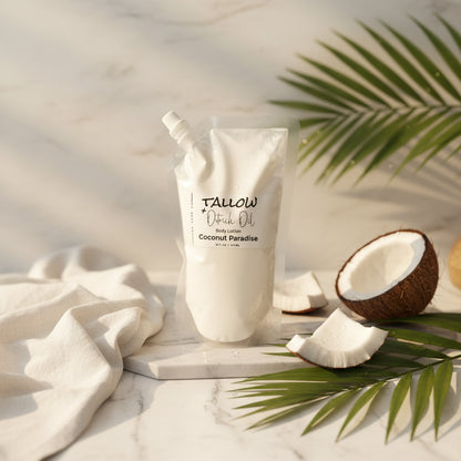 White pouch labeled 'Tallow' with coconut and palm leaves on a light background
