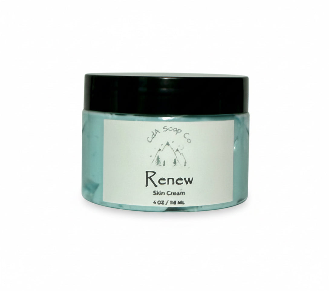 Jar of 'Renew' skin cream from CdA Soap Co on a white background