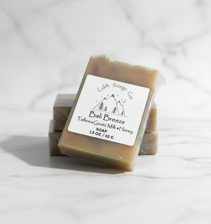 Bar of soap with a label on a marble background