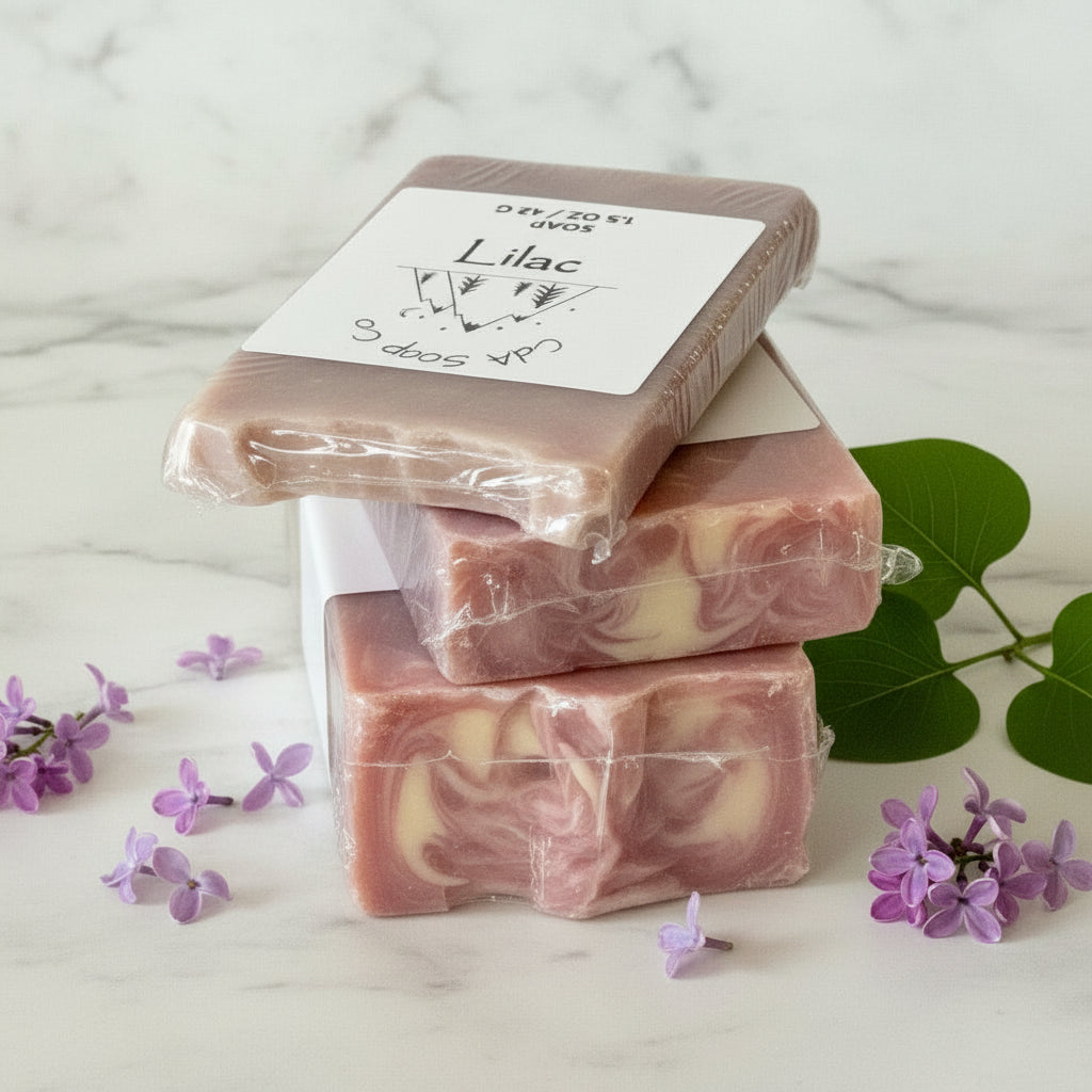 Stack of wrapped soaps with a label on amarble surface with purple flowers.