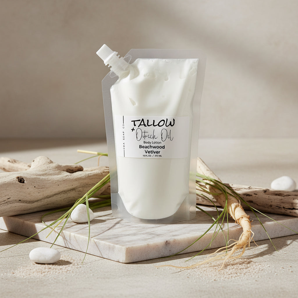 Tallow body lotion pouch on a neutral background with natural elements