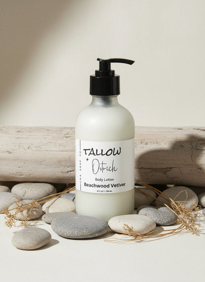 Body lotion bottle with pump on a neutral background with stones and sticks 