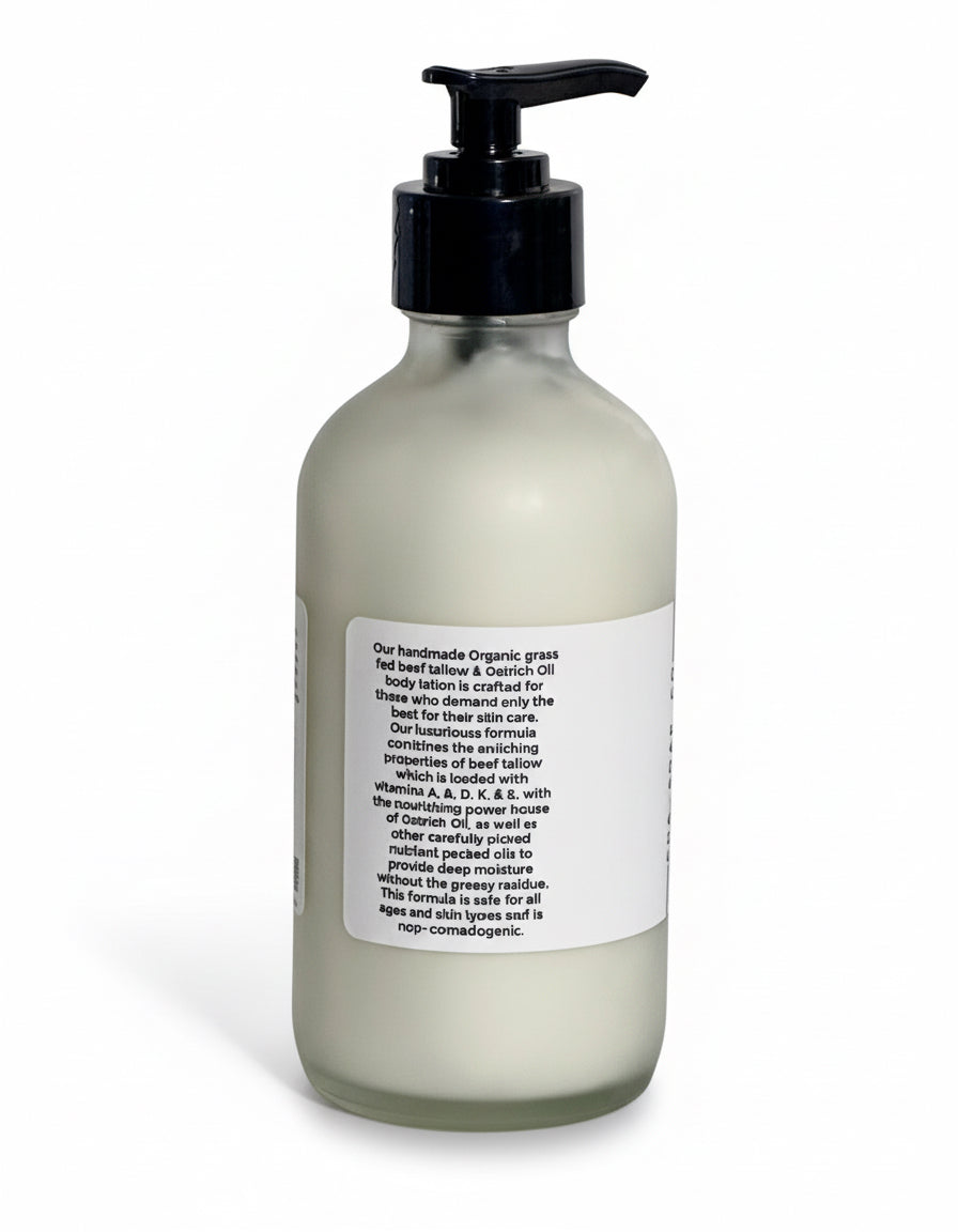 glass bottle with pump and label on a white background