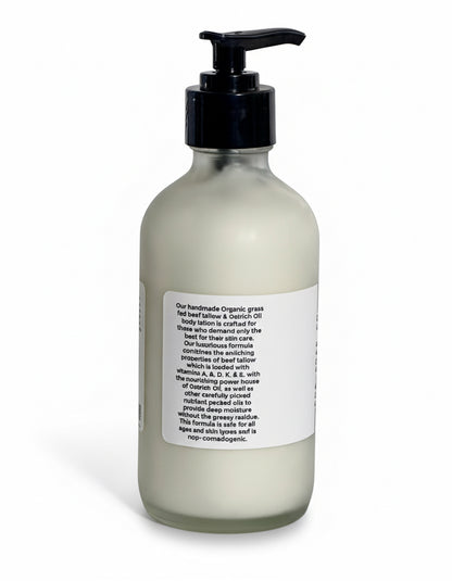 glass bottle with pump and label on a white background