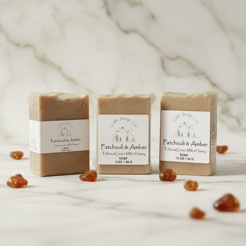 Three bars of soap labeled 'Patchouli & Amber' on a wooden surface with a neutral background.