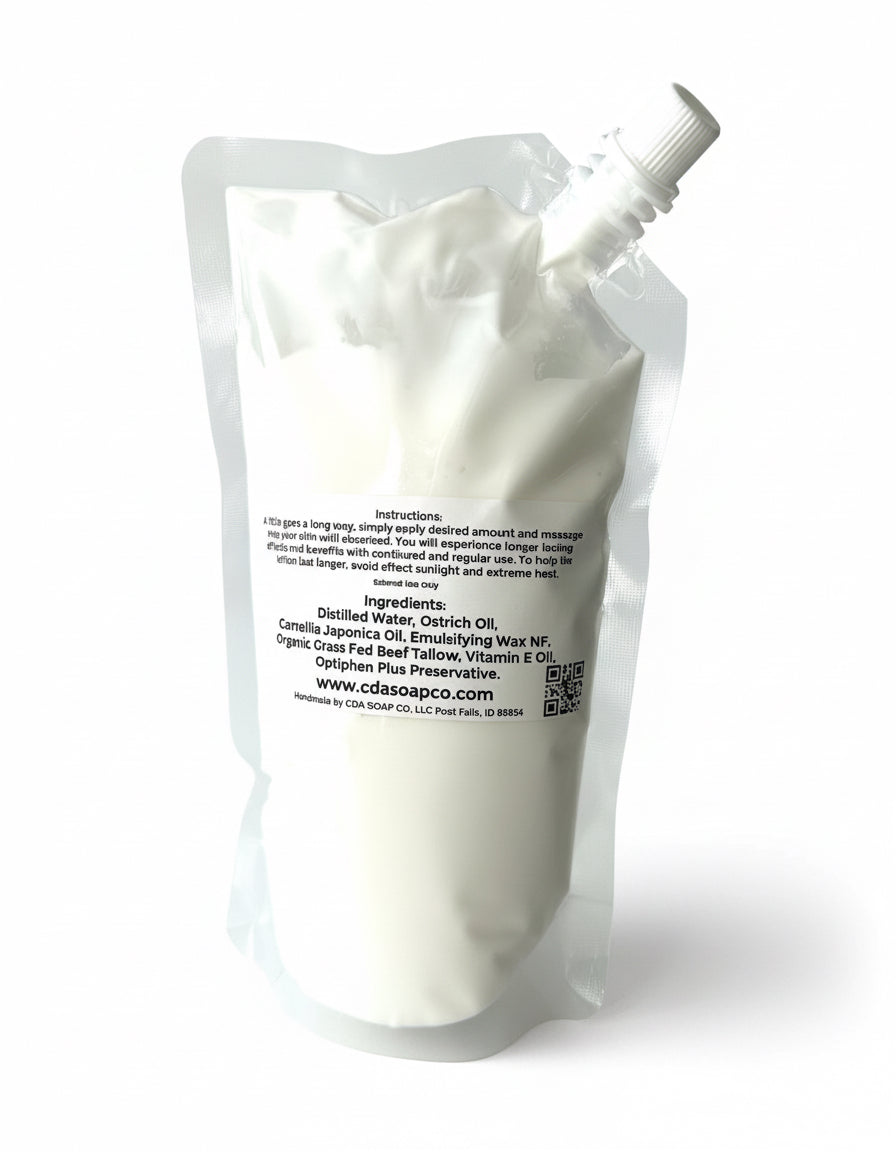 White lotion in a clear plastic pouch with a label on a white background