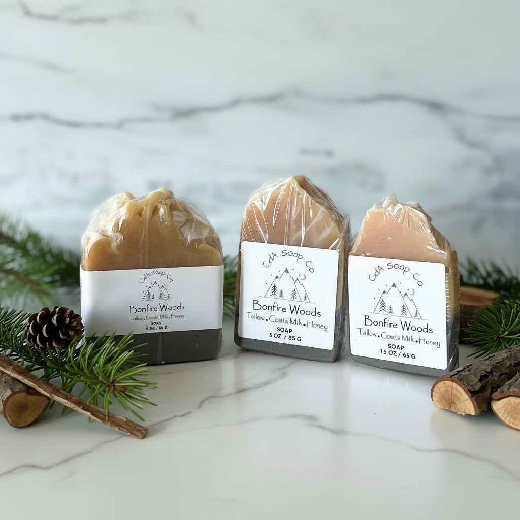 Three bars of soap labeled 'Bonfire Woods' with a white background and decorative elements.