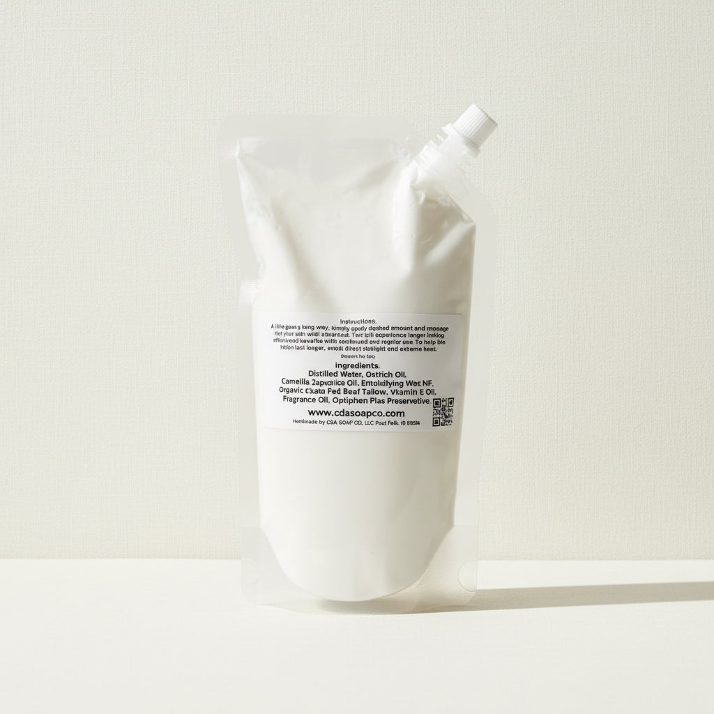 White plastic pouch with a label on a white background