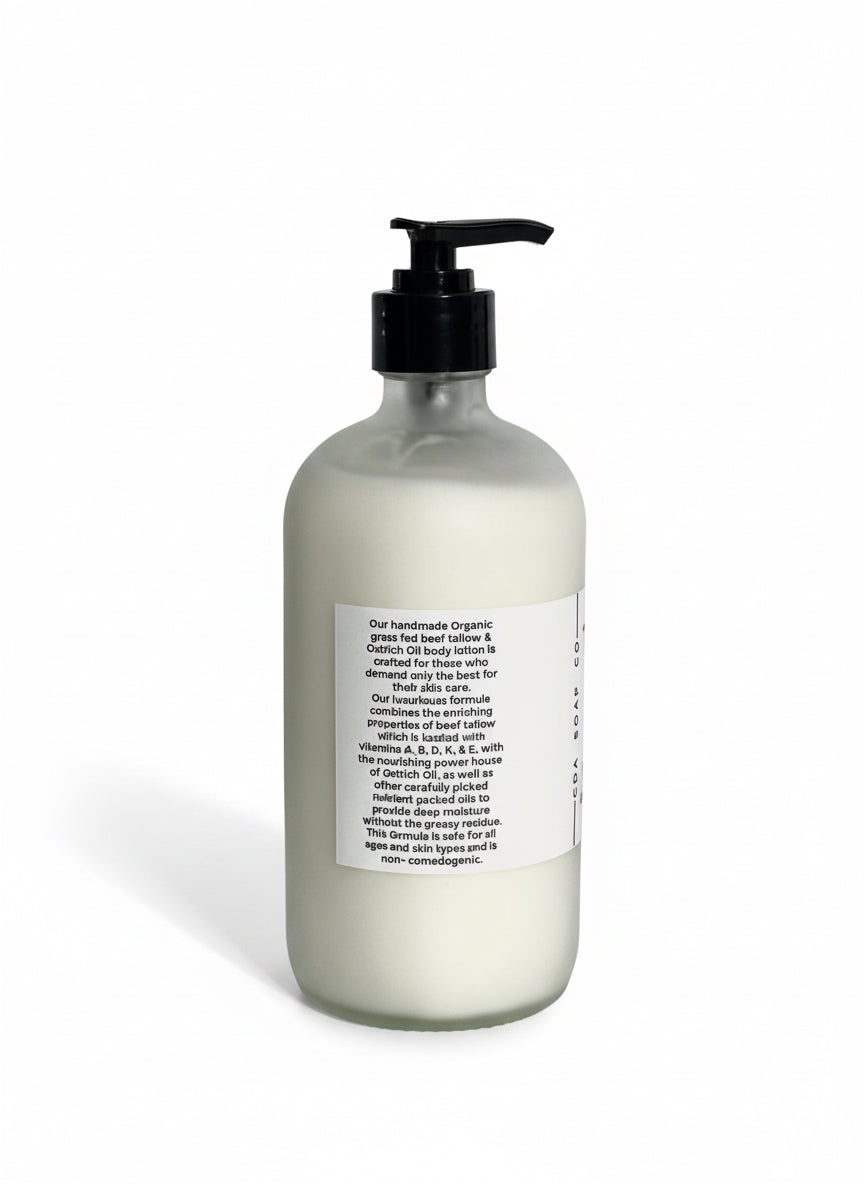 Glass bottle with black pump and label on a white background