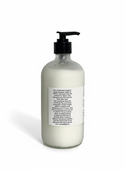 Glass bottle with black pump and label on a white background