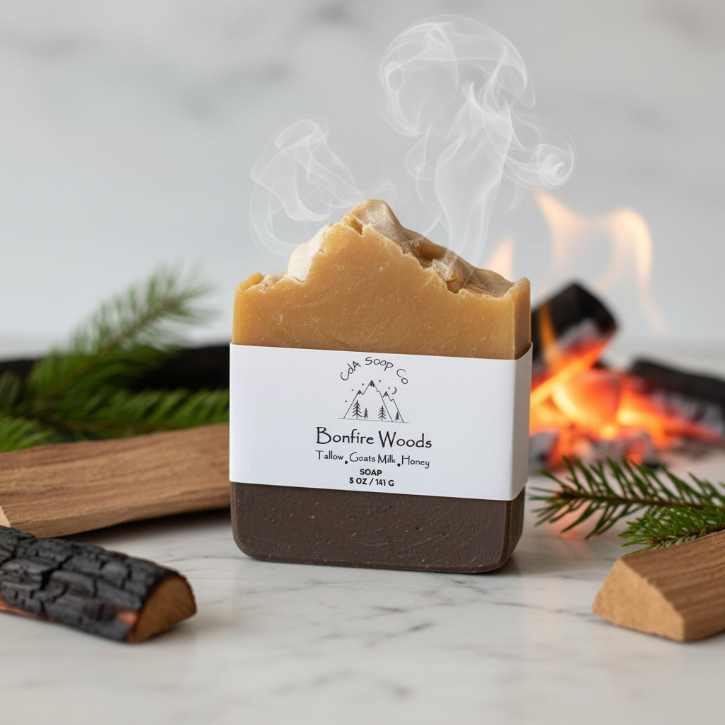 Bar of soap labeled 'Bonfire Woods' with smoke rising, set against a fireplace background.