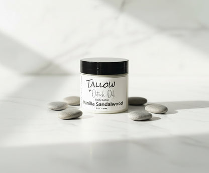 Small Jar of Tallow & ostrich oil CdA Soap Co. Vanilla Sandalwood body butter on a white background