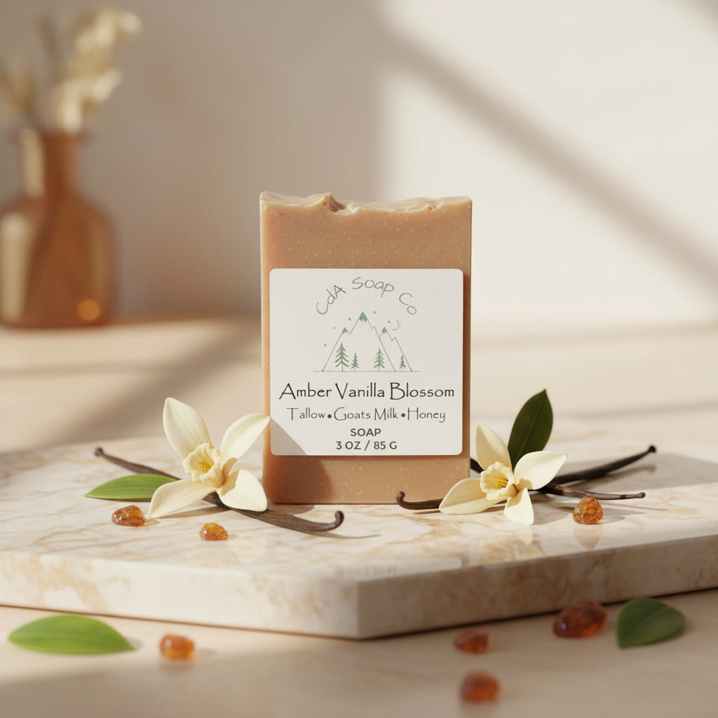 Bar of Amber vanilla blossom soap with 'CdA Soap Co' label on a marble surface with vanilla flowers and beans.