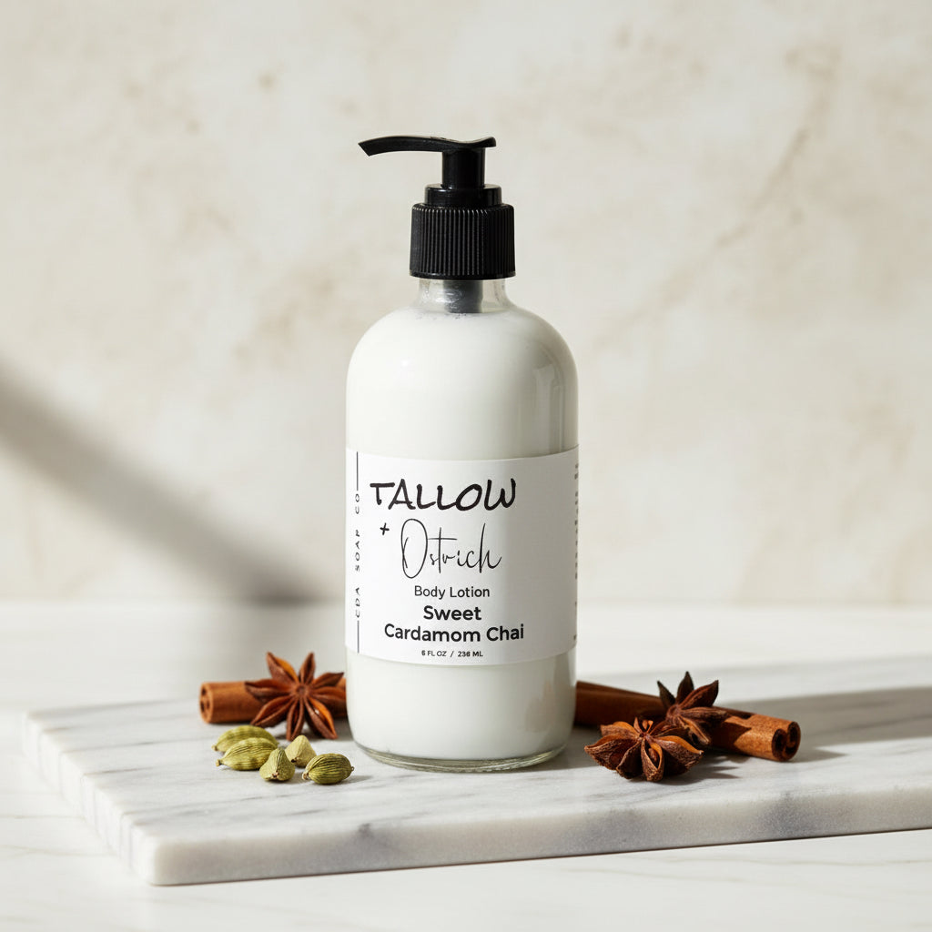 Bottle of Tallow & Dirtich body lotion on a marble surface with spices.