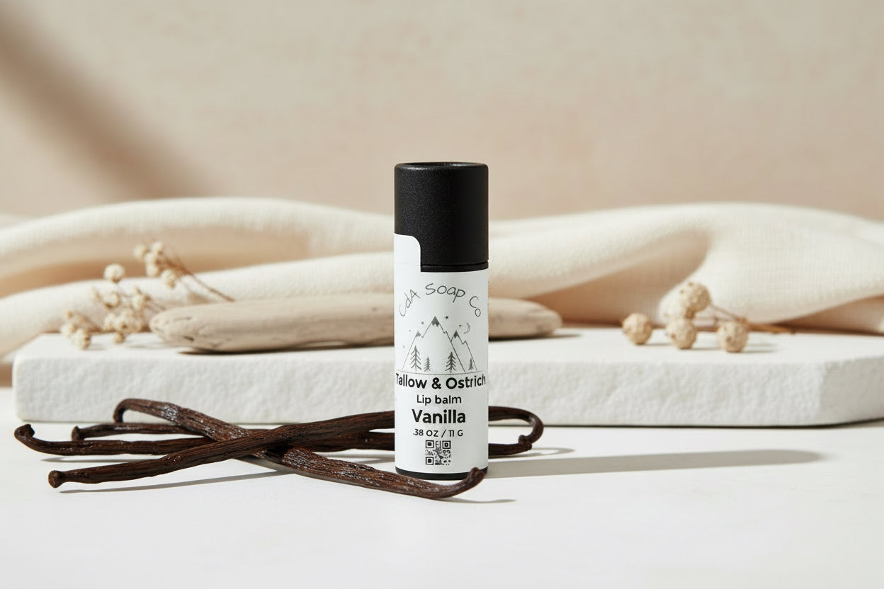 Black Kraft board lip balm tube with a white label. Vanilla Tallow and ostrich oil lip balm. Light background with subtle flower and blanket accents as well as vanilla beans 