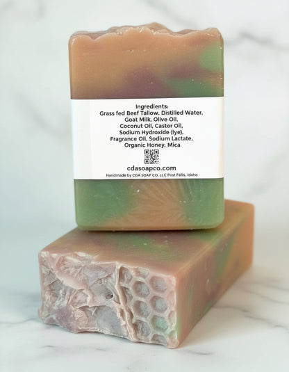 Bar of soap with a label showing ingredients and CDA Soap Co.