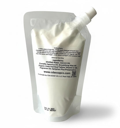 White lotion pouch packaging with text on a white background