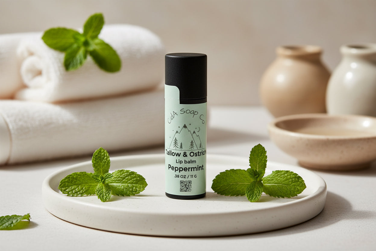 Black Kraft board tube with white label. Peppermint accents on a round dish. Towels and vases in background 