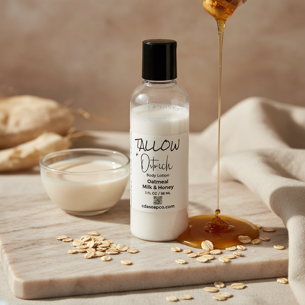 Body lotion bottle with honey being drizzled over it on a marble surface with oats and milk.