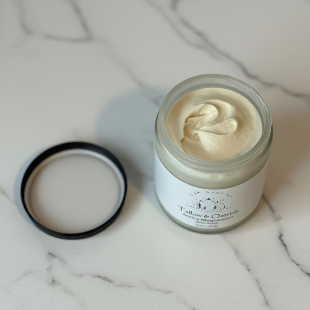 Jar of magnesium butter with a black lid on a marble surface